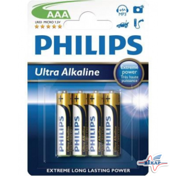Батарейка "мини пальчиковая"(уп. 4шт.) LR03/AAA (пр-во Philips)