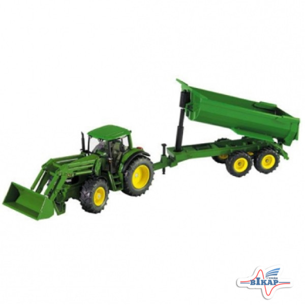 Модель трактора JD6820 с фронтальным погрузчиком и прицепом М1:32, JD