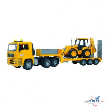 Модель автомобиля MAN TGA с трактором JCB 4CX на низкорамном прицепе M1:16 (BRUDER)
